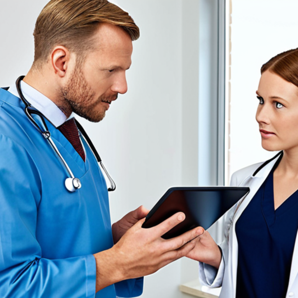 **

Prompt: "Healthcare professional explaining patient data law (PDL) to a patient in a bright, modern clinic. Emphasis on informed consent and patient rights. A tablet or digital display shows simplified information about data usage. Swedish setting."

**