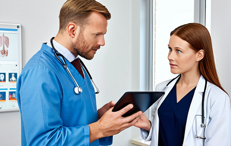 **

Prompt: "Healthcare professional explaining patient data law (PDL) to a patient in a bright, modern clinic. Emphasis on informed consent and patient rights. A tablet or digital display shows simplified information about data usage. Swedish setting."

**