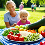 **

A vibrant, colourful plate of fresh vegetables, fruits, and whole grains, representing a healthy Swedish diet. In the background, a blurred image of a happy, active family enjoying a picnic in a sunny park.

**